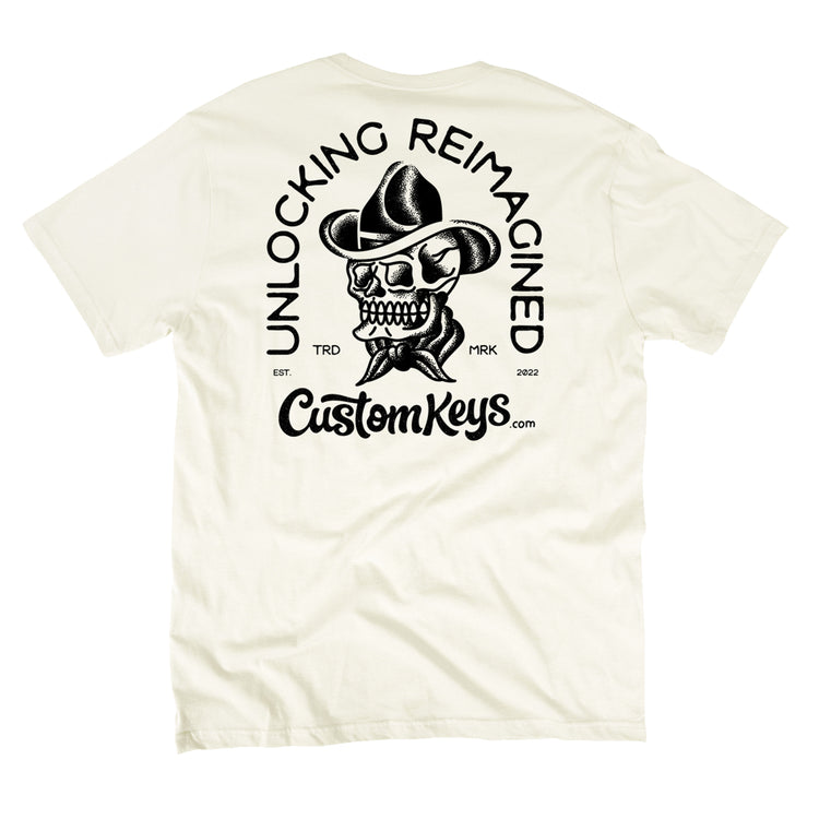 White t-shirt with skull with cowboy hat and 'CustomKeys.com' text on a white background
