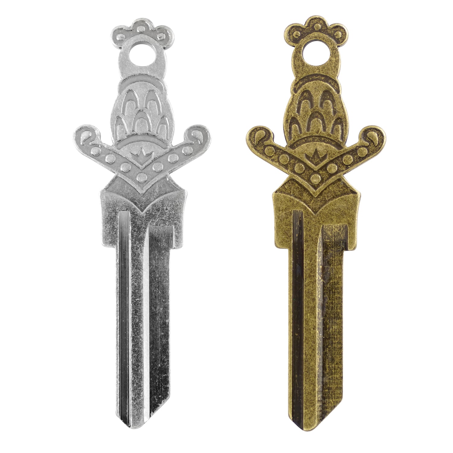 Dagger sword key blanks in silver and gold on a white background