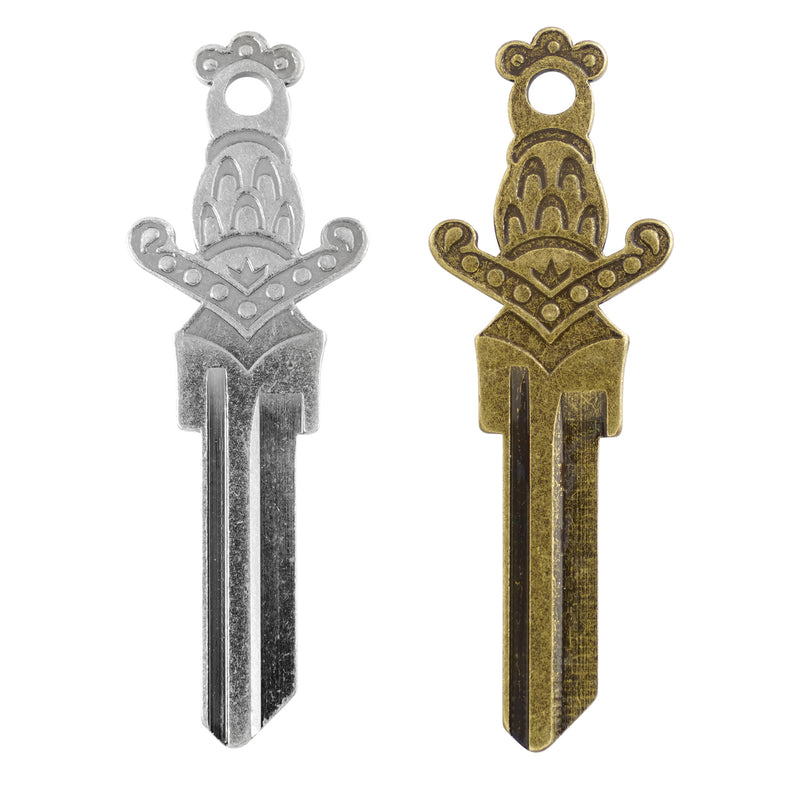 Dagger sword key blanks in silver and gold on a white background