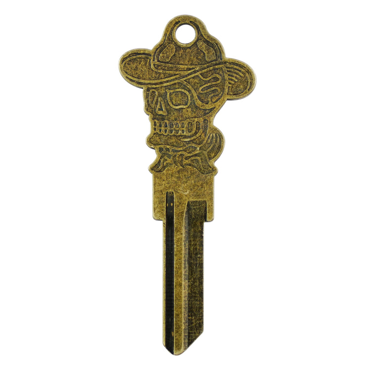 Key with a skull design with a cowboy hat, intended for KW1 home and office locks.
