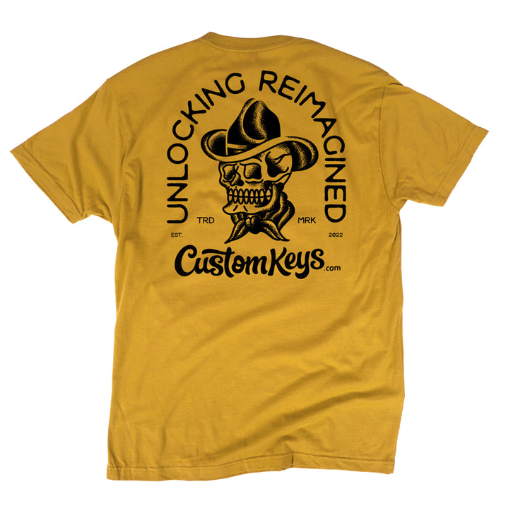 Yellow t-shirt with skull with cowboy hat and 'CustomKeys.com' text on a white background
