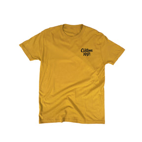 Yellow t-shirt with 'Custom Keys' text on a white background