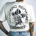 Tattooed woman wearing a white t-shirt with skull with cowboy hat and 'CustomKeys.com' text on a white background