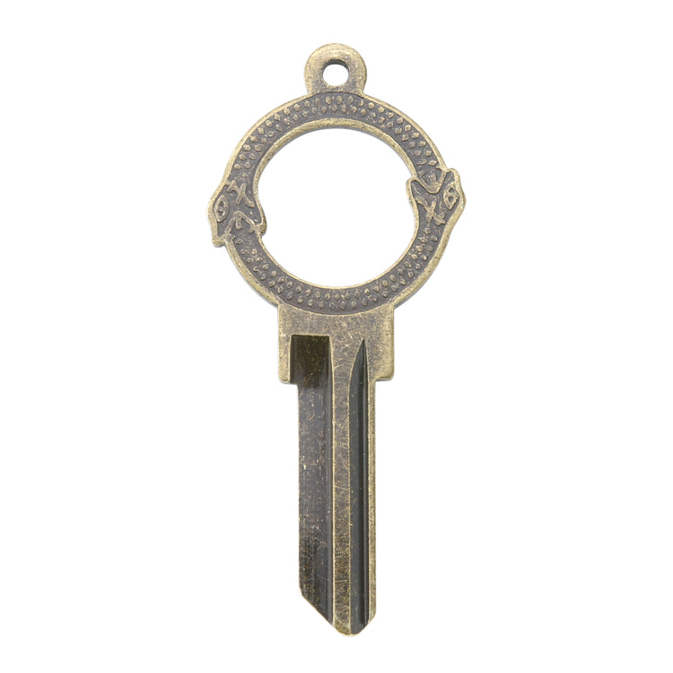 Brass key on white background with cannibal snake design.